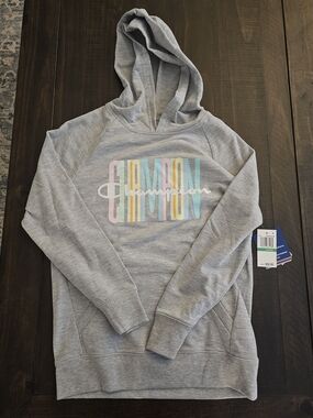 Champion Gray Hoodie with Pastel Multi-Color Logo